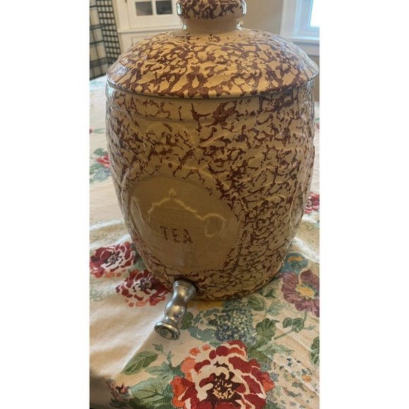 USA  crock roseville oh Spongeware Stoneware ICED TEA Cooler Dispenser w Lid - Picture 3 of 8